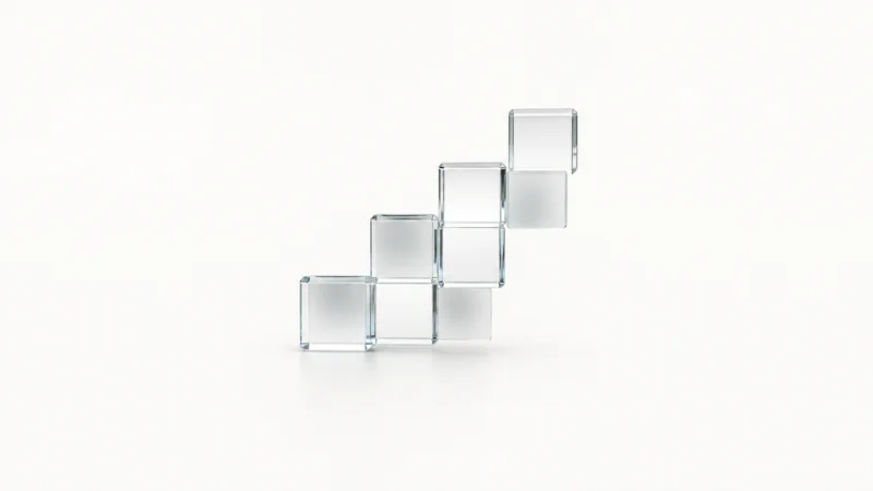 Abstract a matrix of glass tiles rearranging into a clear diagonal motif centred on a seamless pale off-white studio background, generous empty margin for overlaid branding