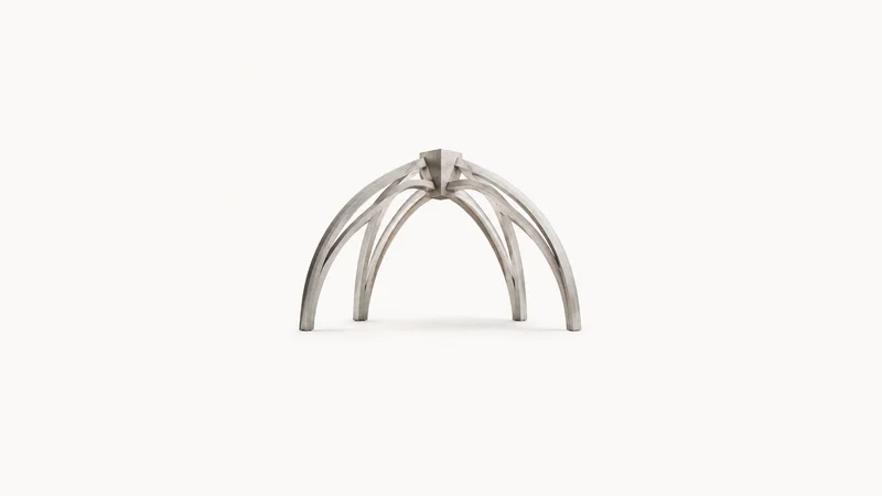 Abstract a vault of thin arches converging into a single keystone motif centred on a seamless pale off-white studio background, generous empty margin for overlaid branding