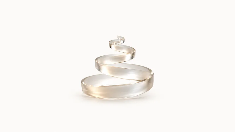 Abstract a compound-growth spiral widening outward in soft light motif centred on a seamless pale off-white studio background, generous empty margin for overlaid branding