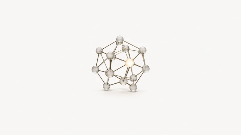 Abstract a lattice of connected nodes with one node lit brighter motif centred on a seamless pale off-white studio background, generous empty margin for overlaid branding