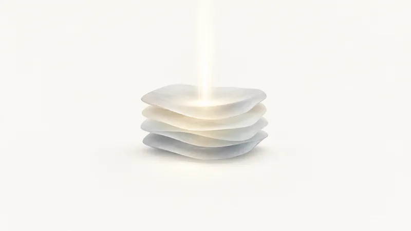 Abstract a soft cushion of stacked frosted layers absorbing a falling light beam motif centred on a seamless pale off-white studio background, generous empty margin for overlaid branding