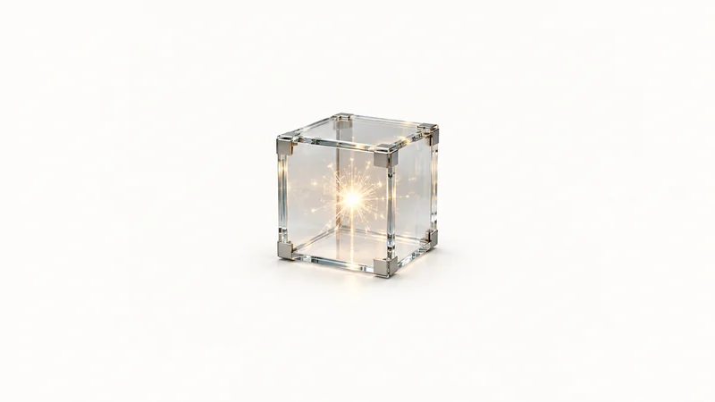 Abstract a locked cube of glass panels enclosing a bright spark motif centred on a seamless pale off-white studio background, generous empty margin for overlaid branding