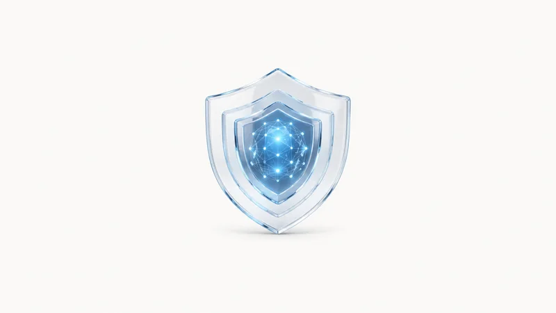Abstract a layered stack of translucent shields wrapping a glowing core network motif centred on a seamless pale off-white studio background, generous empty margin for overlaid branding