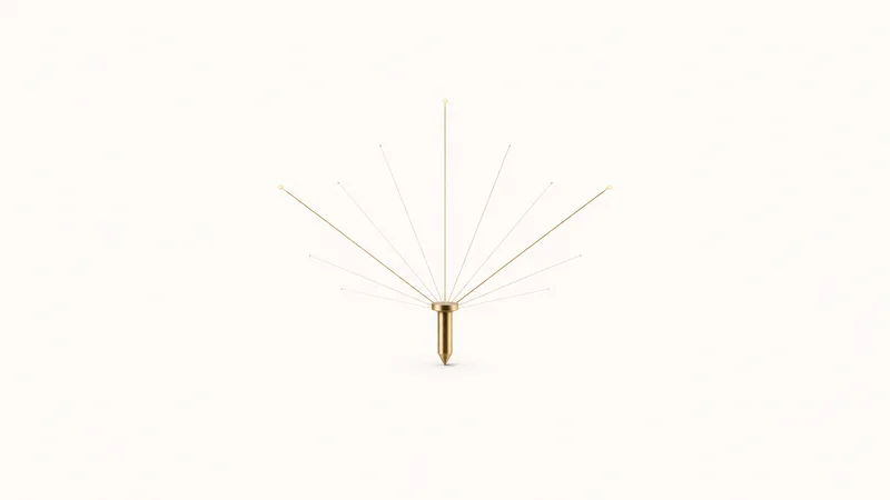 Abstract a fan of sightlines radiating from a single brass pin motif centred on a seamless pale off-white studio background, generous empty margin for overlaid branding