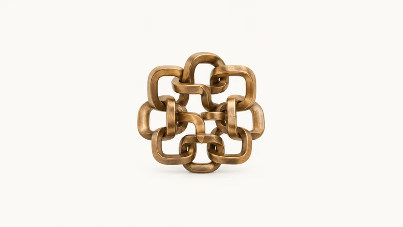 Abstract a lattice of interlocking bronze clauses cast as a chain link motif centred on a seamless pale off-white studio background, generous empty margin for overlaid branding