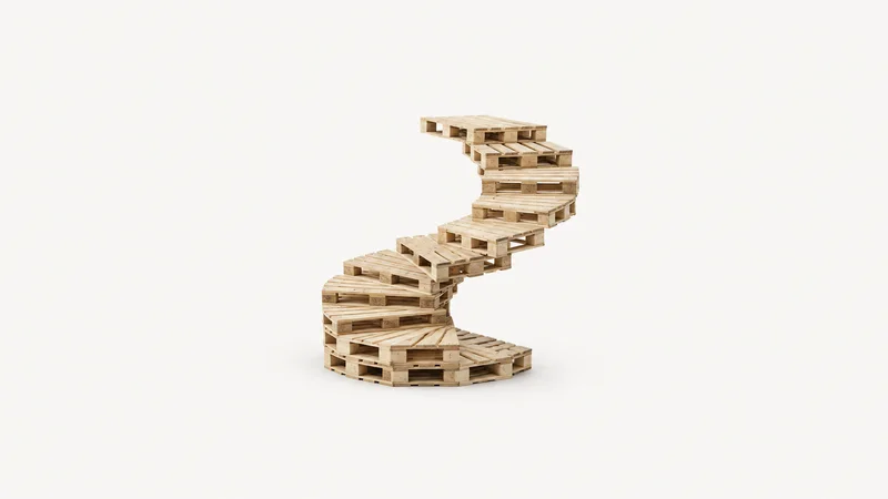 Abstract a spiral ramp of stacked pale wooden pallets motif centred on a seamless pale off-white studio background, generous empty margin for overlaid branding