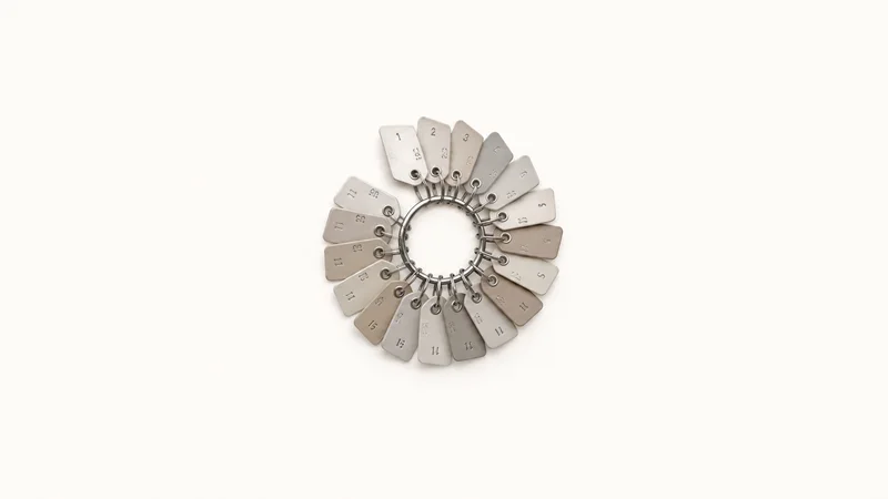 Abstract a spiral of numbered key tags orbiting a central ring motif centred on a seamless pale off-white studio background, generous empty margin for overlaid branding