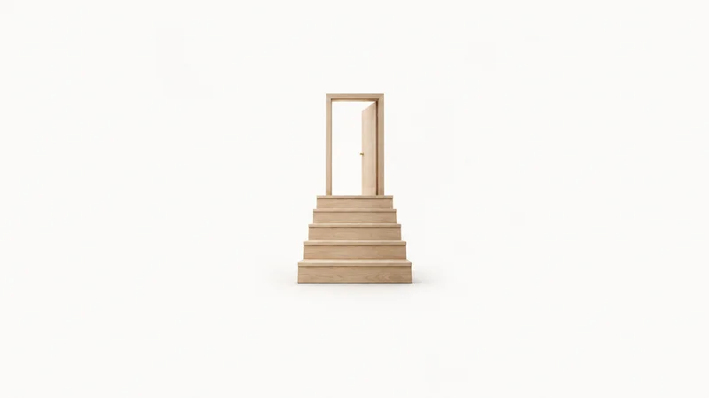 Abstract a rising staircase of pale timber treads leading to a doorway motif centred on a seamless pale off-white studio background, generous empty margin for overlaid branding