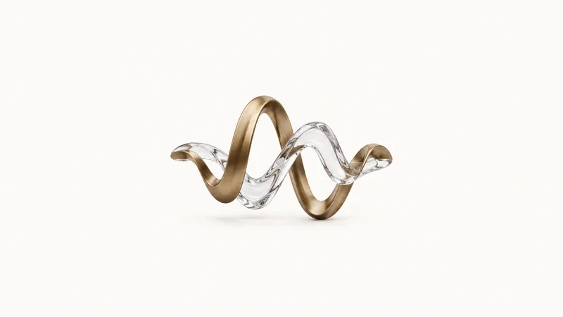 Abstract a pair of interlocking sound waves rendered in bronze and glass motif centred on a seamless pale off-white studio background, generous empty margin for overlaid branding