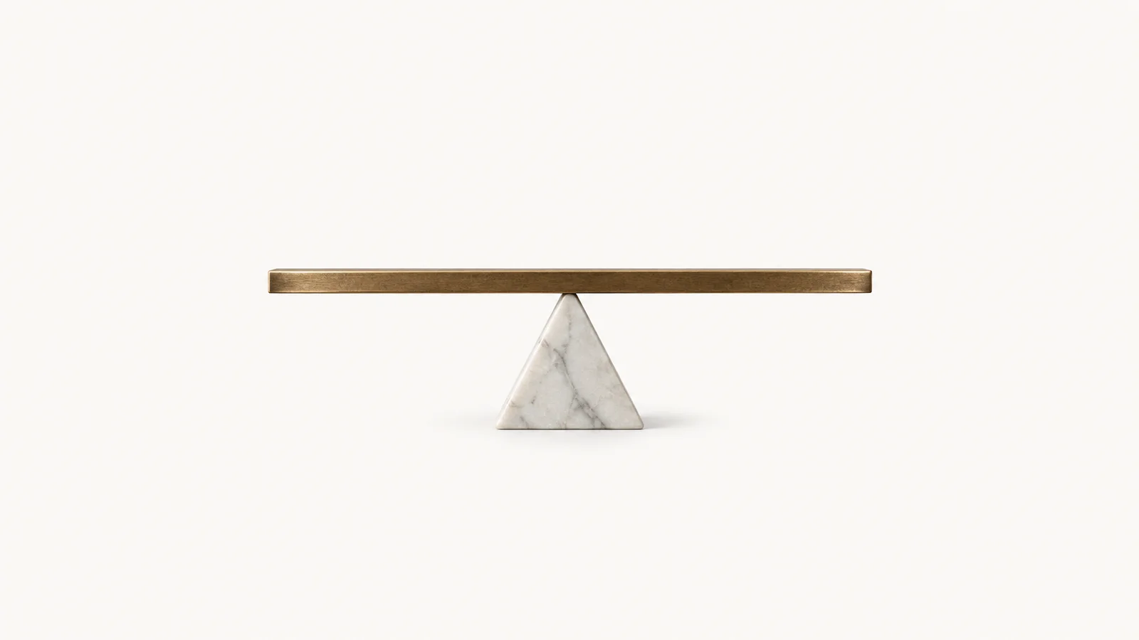 Abstract a balanced fulcrum of a single bronze beam on a marble pivot motif centred on a seamless pale off-white studio background, generous empty margin for overlaid branding