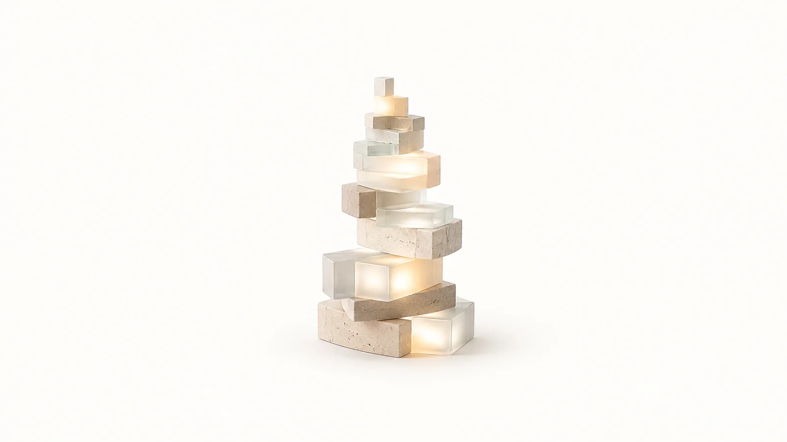 Abstract a spiral of luminous blocks assembling into a tower motif centred on a seamless pale off-white studio background, generous empty margin for overlaid branding