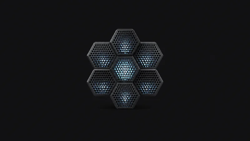 Abstract a honeycomb of perforated metal cells lit from behind motif centred on a seamless deep charcoal near-black studio background, generous empty margin for overlaid branding