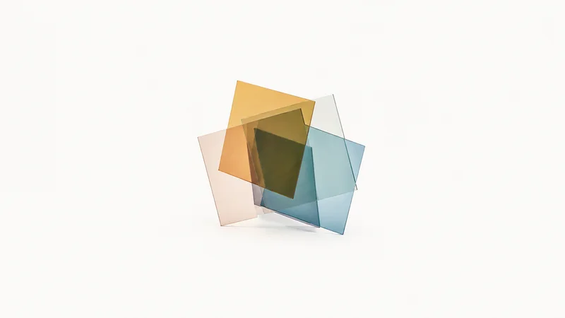 Abstract stacked layers of tinted acetate offset like a layout composite motif centred on a seamless pale off-white studio background, generous empty margin for overlaid branding