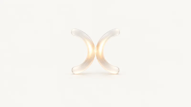 Abstract two soft speech-like arcs of light meeting in the centre motif centred on a seamless pale off-white studio background, generous empty margin for overlaid branding