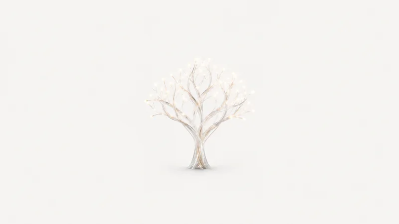 Abstract a branching tree of glowing lines forking and merging into a trunk motif centred on a seamless pale off-white studio background, generous empty margin for overlaid branding