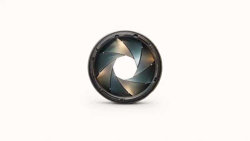 Abstract a shutter-like aperture of tinted blades opening outward motif centred on a seamless pale off-white studio background, generous empty margin for overlaid branding