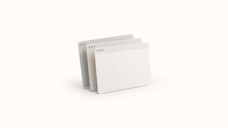 Abstract a stack of browser-window silhouettes fanned in perspective motif centred on a seamless pale off-white studio background, generous empty margin for overlaid branding