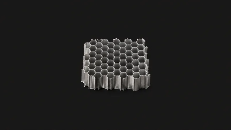 Abstract a honeycomb-core lattice of aluminium cells in raking light motif centred on a seamless deep charcoal near-black studio background, generous empty margin for overlaid branding