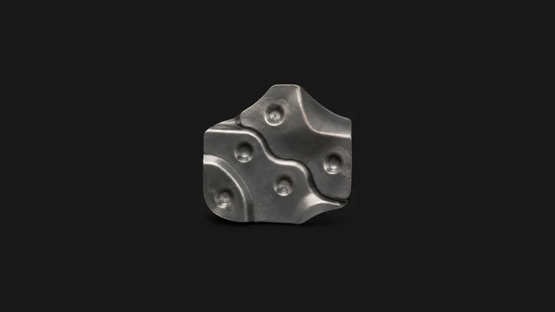 Abstract overlapping spot-weld dimples on a pressed steel sheet motif centred on a seamless deep charcoal near-black studio background, generous empty margin for overlaid branding