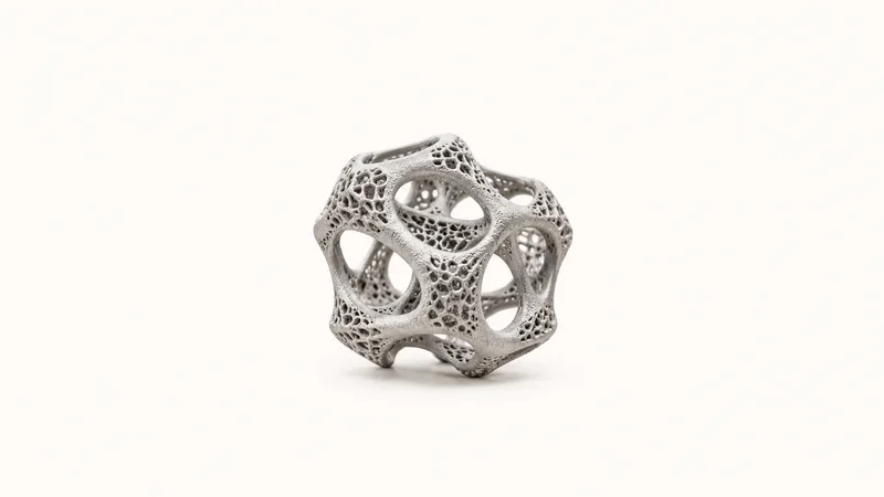 Abstract an organic titanium-lattice implant texture motif centred on a seamless pale off-white studio background, generous empty margin for overlaid branding