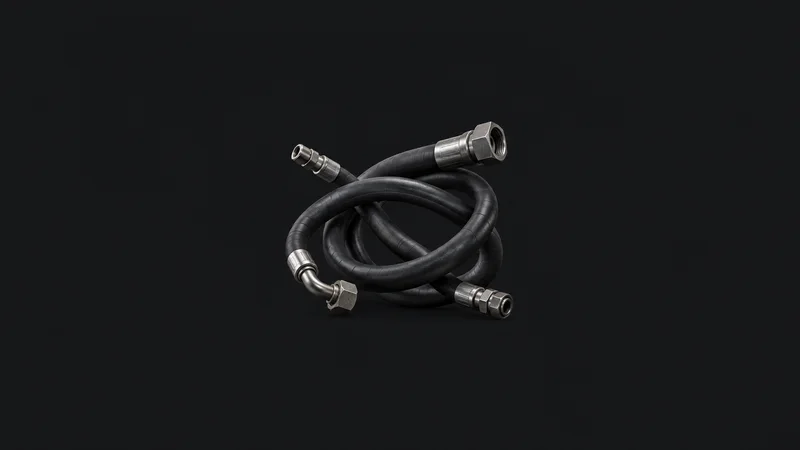 Abstract a bundle of hydraulic hose curves in black rubber motif centred on a seamless deep charcoal near-black studio background, generous empty margin for overlaid branding