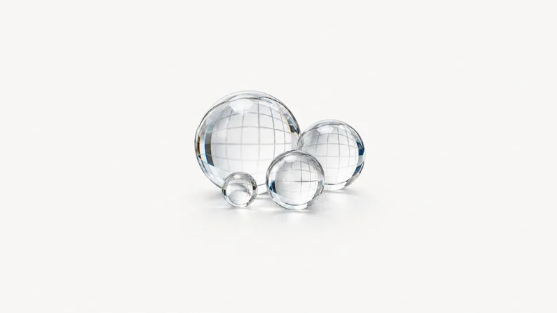 Abstract a cluster of glass spheres bending a light grid motif centred on a seamless pale off-white studio background, generous empty margin for overlaid branding