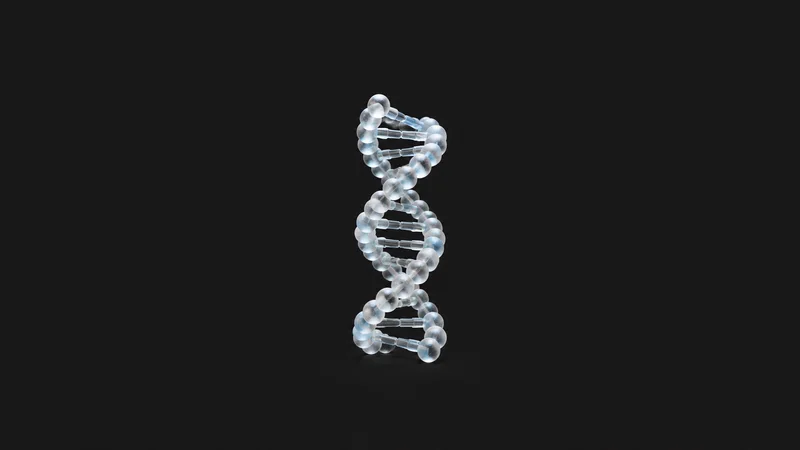 Abstract a double helix of frosted glass beads in sterile light motif centred on a seamless deep charcoal near-black studio background, generous empty margin for overlaid branding