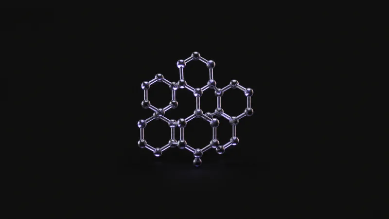 Abstract a lattice of hexagonal molecular rings in cool violet light motif centred on a seamless deep charcoal near-black studio background, generous empty margin for overlaid branding