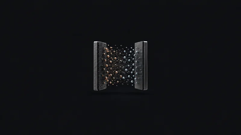 Abstract a field of charged particles streaming between two plates motif centred on a seamless deep charcoal near-black studio background, generous empty margin for overlaid branding