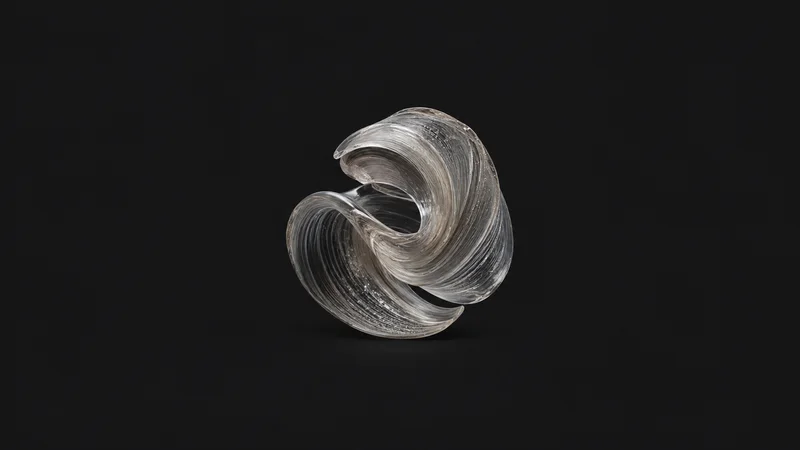Abstract a swirl of translucent resin frozen mid-flow motif centred on a seamless deep charcoal near-black studio background, generous empty margin for overlaid branding