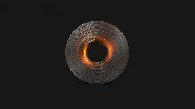 Abstract concentric rings of a glowing coil viewed end-on motif centred on a seamless deep charcoal near-black studio background, generous empty margin for overlaid branding