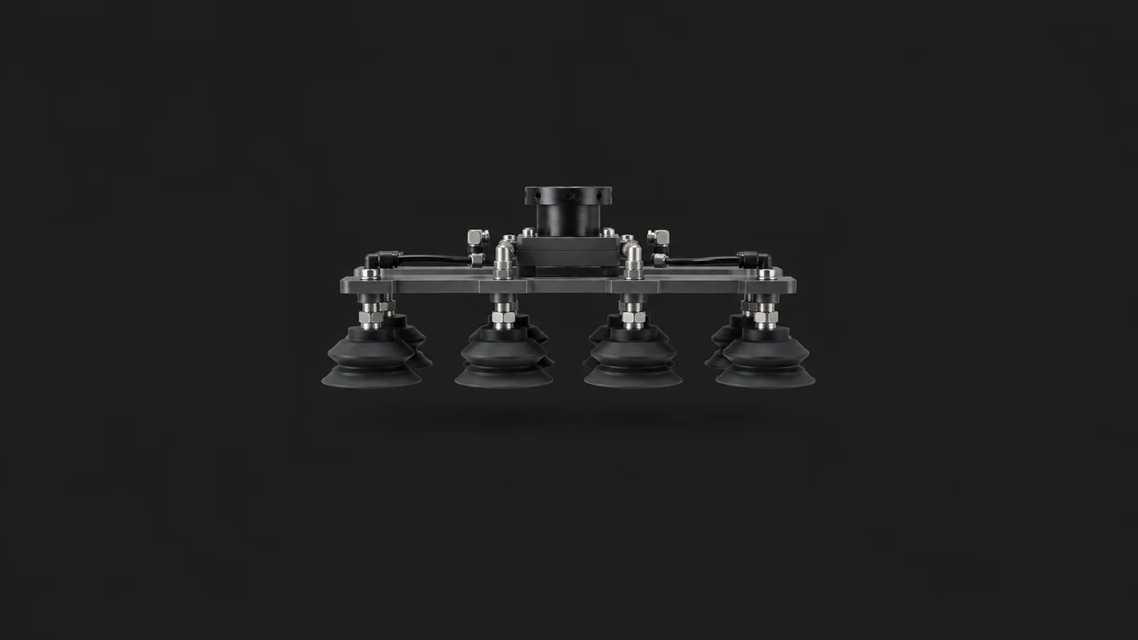 Abstract a repeating grid of suction cups in soft light motif centred on a seamless deep charcoal near-black studio background, generous empty margin for overlaid branding