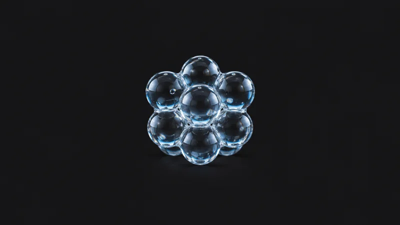 Abstract a lattice of clear spheres refracting cool blue light motif centred on a seamless deep charcoal near-black studio background, generous empty margin for overlaid branding