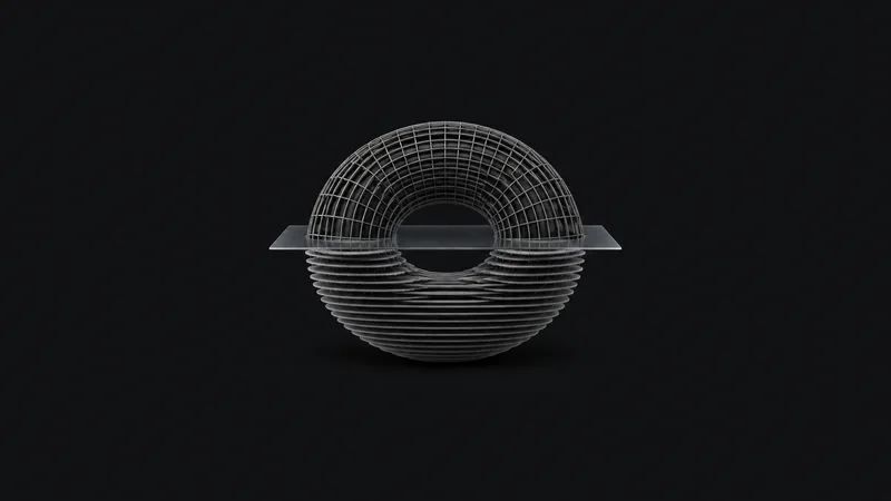 Abstract a slicing plane cutting a wireframe torus into thin horizontal contours motif centred on a seamless deep charcoal near-black studio background, generous empty margin for overlaid branding