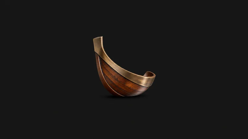 Abstract a bronze-and-varnished-timber grain flowing in one sweeping curve motif centred on a seamless deep charcoal near-black studio background, generous empty margin for overlaid branding