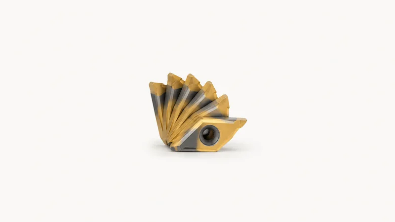Abstract a parallel stack of gold-coated carbide cutting edges fanned like cards motif centred on a seamless pale off-white studio background, generous empty margin for overlaid branding