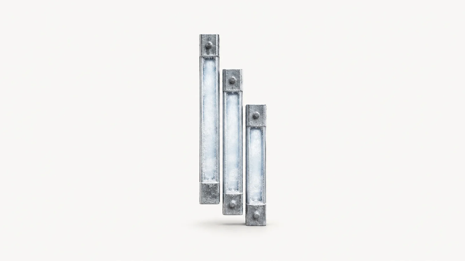 Abstract a vertical column of frost-fringed thermometer bars stepping downward motif centred on a seamless pale off-white studio background, generous empty margin for overlaid branding