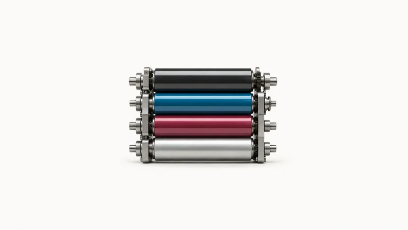 Abstract an ink-roller train of glossy cylinders nested in profile motif centred on a seamless pale off-white studio background, generous empty margin for overlaid branding