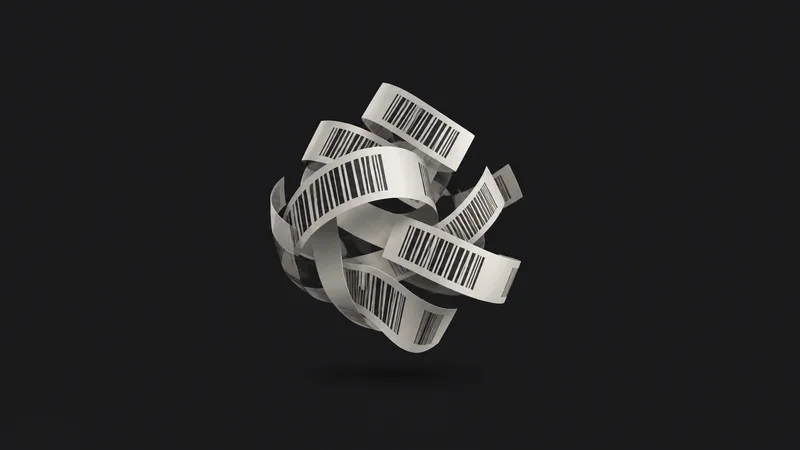 Abstract a spinning cluster of thermal-label barcodes without readable digits motif centred on a seamless deep charcoal near-black studio background, generous empty margin for overlaid branding