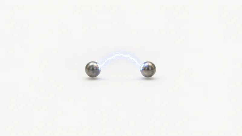 Abstract a curving arc of electric discharge between two spheres motif centred on a seamless pale off-white studio background, generous empty margin for overlaid branding