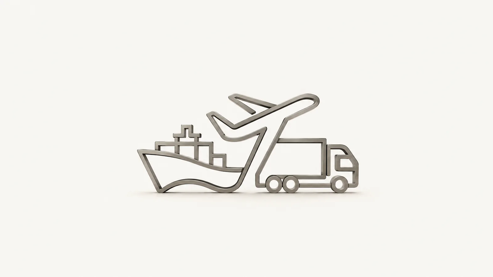 Abstract a chain of nested ship and plane and lorry outlines interlocking motif centred on a seamless pale off-white studio background, generous empty margin for overlaid branding