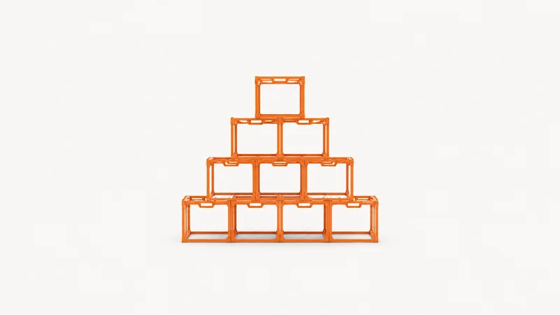 Abstract a lattice of orange tote outlines stacking into a pyramid motif centred on a seamless pale off-white studio background, generous empty margin for overlaid branding