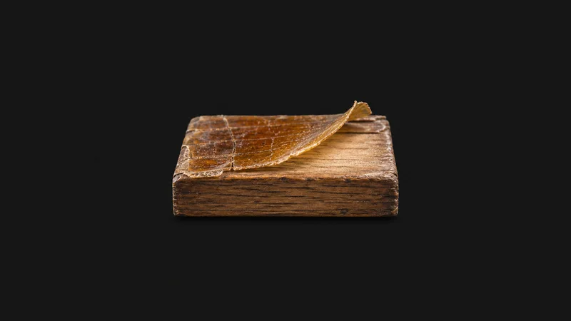 Abstract a peeling layer of old varnish lifting from a smooth timber plane motif centred on a seamless deep charcoal near-black studio background, generous empty margin for overlaid branding