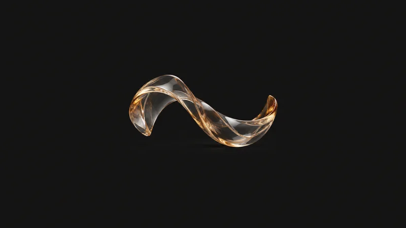 Abstract a stretched ribbon of glowing glass twisting across the frame motif centred on a seamless deep charcoal near-black studio background, generous empty margin for overlaid branding
