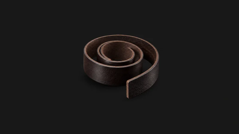 Abstract a coiled strap of dark leather looping into a spiral motif centred on a seamless deep charcoal near-black studio background, generous empty margin for overlaid branding