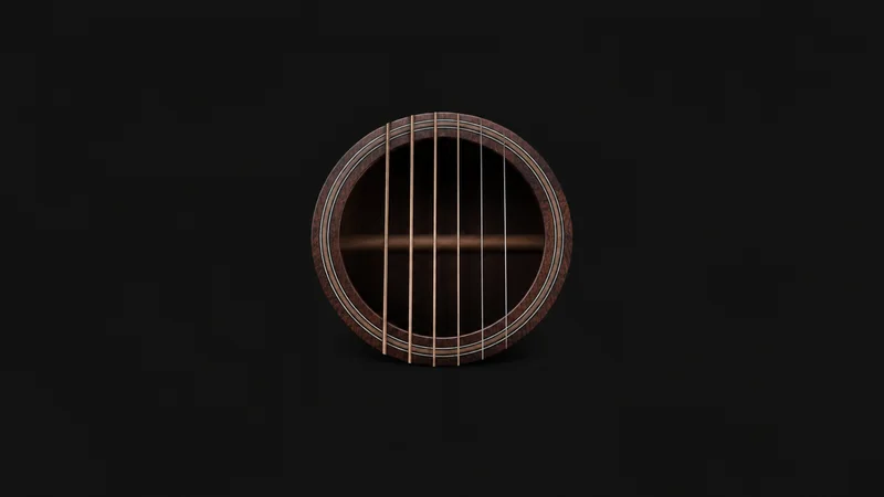 Abstract a set of parallel guitar strings catching light over a dark soundhole motif centred on a seamless deep charcoal near-black studio background, generous empty margin for overlaid branding