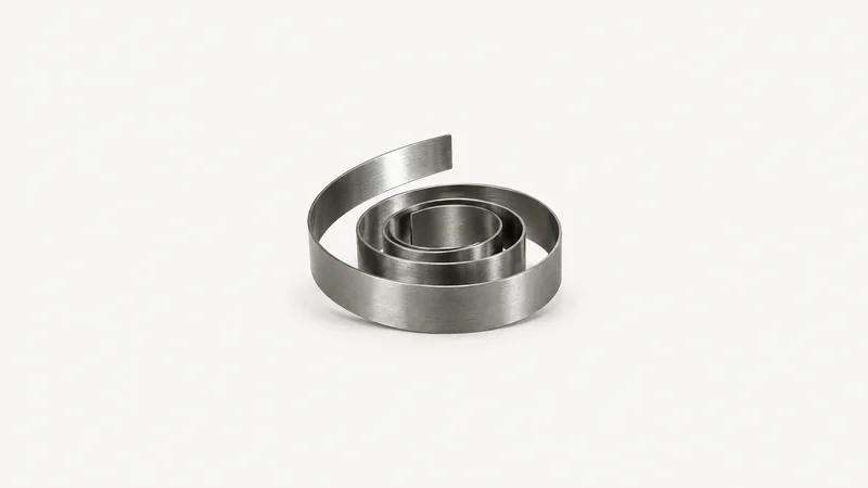 Abstract a spiralling coil of steel strip catching a single highlight motif centred on a seamless pale off-white studio background, generous empty margin for overlaid branding