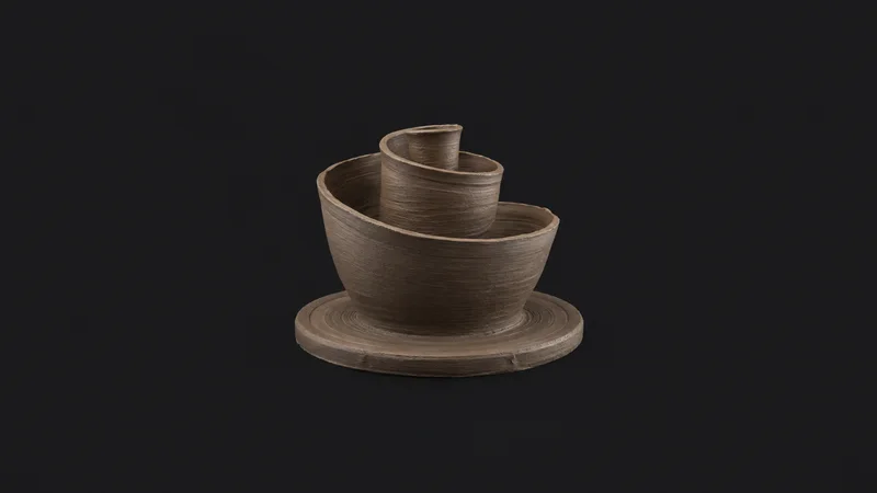 Abstract a spiral of thrown clay walls rising from a wheel head motif centred on a seamless deep charcoal near-black studio background, generous empty margin for overlaid branding