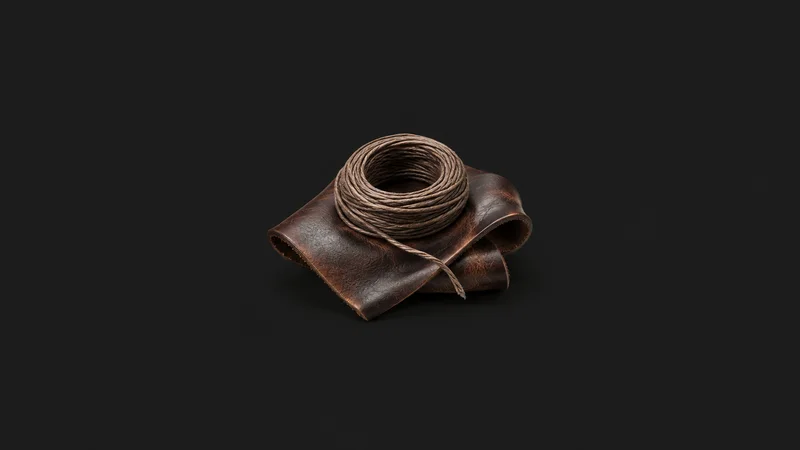 Abstract a coil of waxed linen thread over burnished leather grain motif centred on a seamless deep charcoal near-black studio background, generous empty margin for overlaid branding