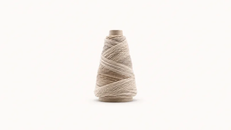 Abstract a spiralling wrap of yarn around a conical core motif centred on a seamless pale off-white studio background, generous empty margin for overlaid branding